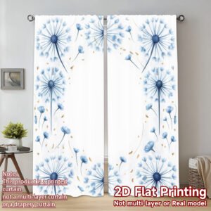 2pcs 2D Flat Printing Polyester Curtains | HD Digital Printed Floating Blue Dandelions, Light-filtering, Uncorded, Machine Washable, All-season Decorative Curtain with Rod Pocket