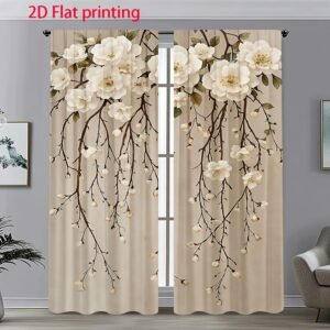 2pcs Delicate Blossom Cascade Printed Door Curtains - Elegant Floral Design with White Flowers & Green Leaves, Semi-Transparent Polyester Fabric, Perfect for Bedroom, Living Room, or Home Decor, Curtains for Living Room