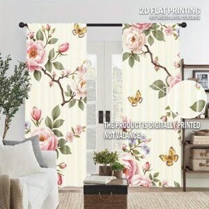 2pcs Floral & Butterfly Print Light-Filtering Curtains, Machine Washable Polyester, Rod-Free Design for Easy Hanging, Perfect for Bedroom, Living Room, Office & Home Decor, Curtains for Living Roo