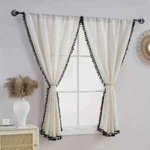 Boho Chic Sheer Curtain Panel with Tassels - Semi-Transparent Rod Pocket Design for Bedroom, Light Filtering Polyester Fabric, Hand Wash Only, Boho Bedroom Decor, Curtains for Bedroom, Rustic Window, Elegant Tassel Detail