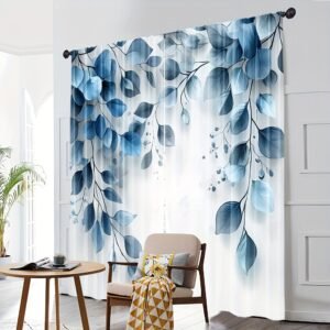 2pcs, All-season modern art-themed curtains, Blue leaves and floral prints, Polyester, for Home decoration for the study(Without rod)
