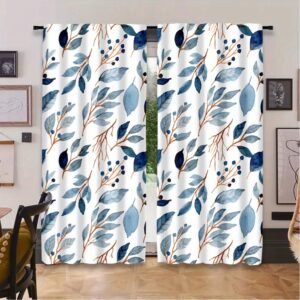 2pcs Blue and White Branch and Leaf Watercolor Pattern Curtains, Natural and Fresh Style, Suitable for Bedrooms, Living Rooms, and Studies. The Branch and Leaf Texture Decorates the Space, Achieving a Blend of Light Blocking and a Natural Ambiance