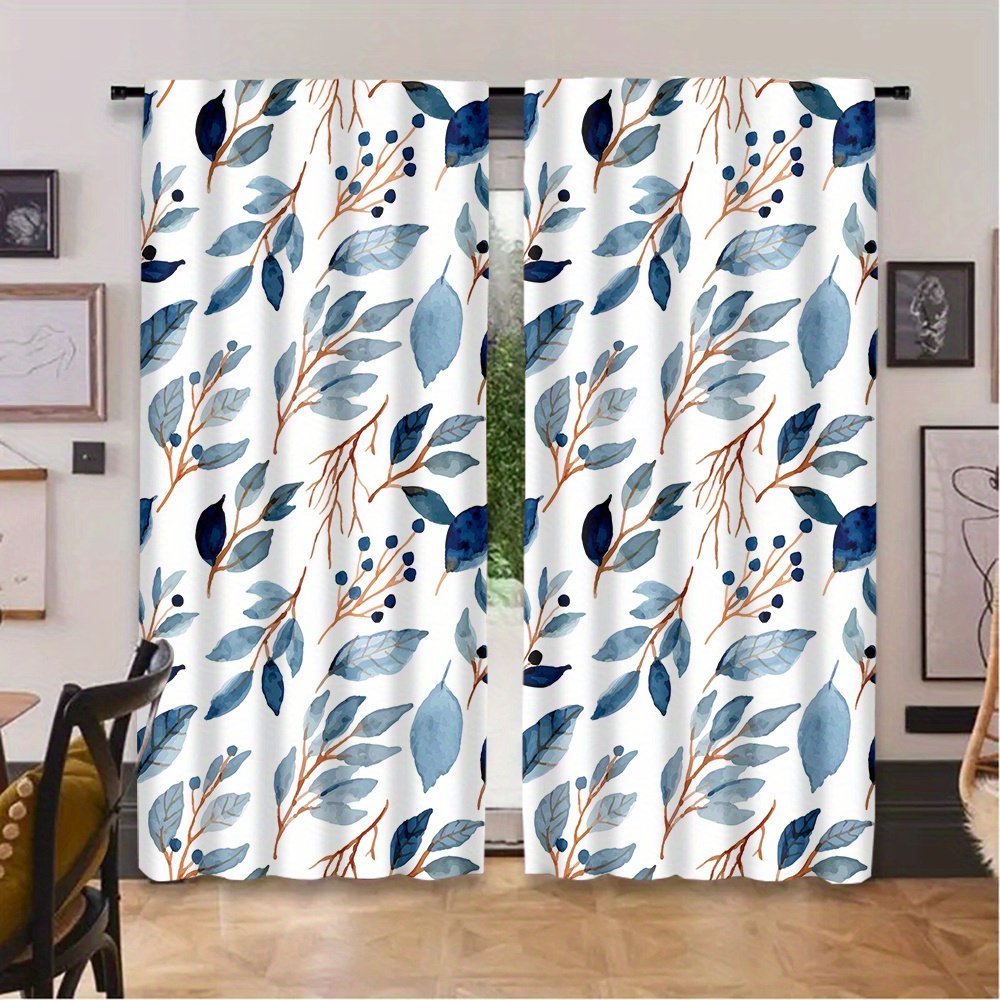 2pcs Blue and White Branch and Leaf Watercolor Pattern Curtains, Natural and Fresh Style, Suitable for Bedrooms, Living Rooms, and Studies. The Branch and Leaf Texture Decorates the Space, Achieving a Blend of Light Blocking and a Natural Ambiance