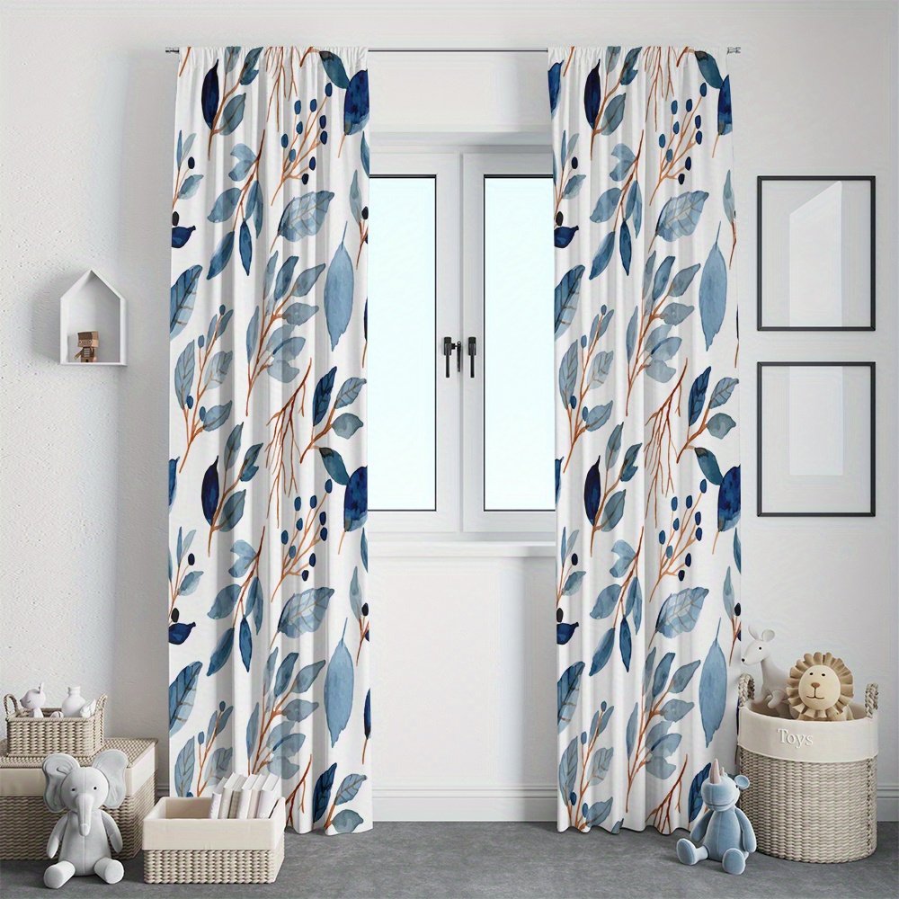 2pcs Blue and White Branch and Leaf Watercolor Pattern Curtains, Natural and Fresh Style, Suitable for Bedrooms, Living Rooms, and Studies. The Branch and Leaf Texture Decorates the Space, Achieving a Blend of Light Blocking and a Natural Ambiance - Image 2