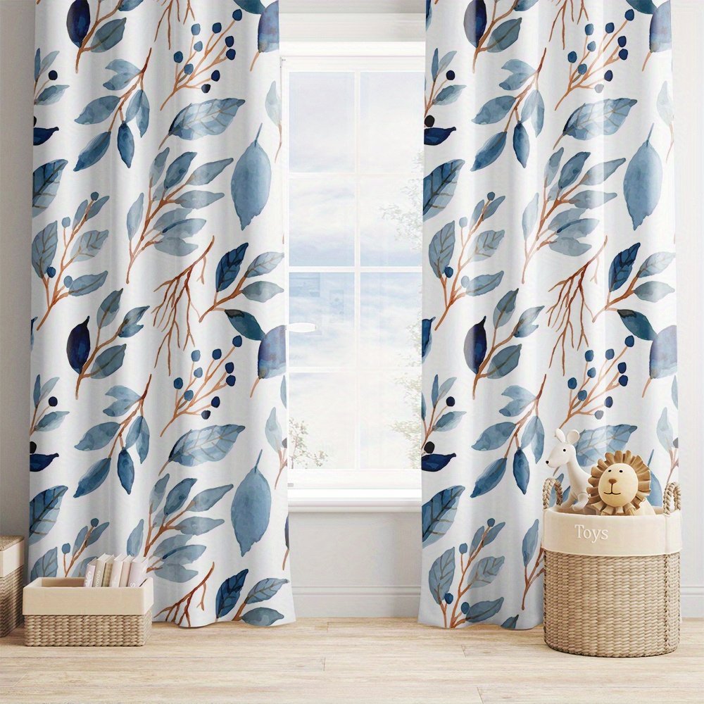 2pcs Blue and White Branch and Leaf Watercolor Pattern Curtains, Natural and Fresh Style, Suitable for Bedrooms, Living Rooms, and Studies. The Branch and Leaf Texture Decorates the Space, Achieving a Blend of Light Blocking and a Natural Ambiance - Image 7