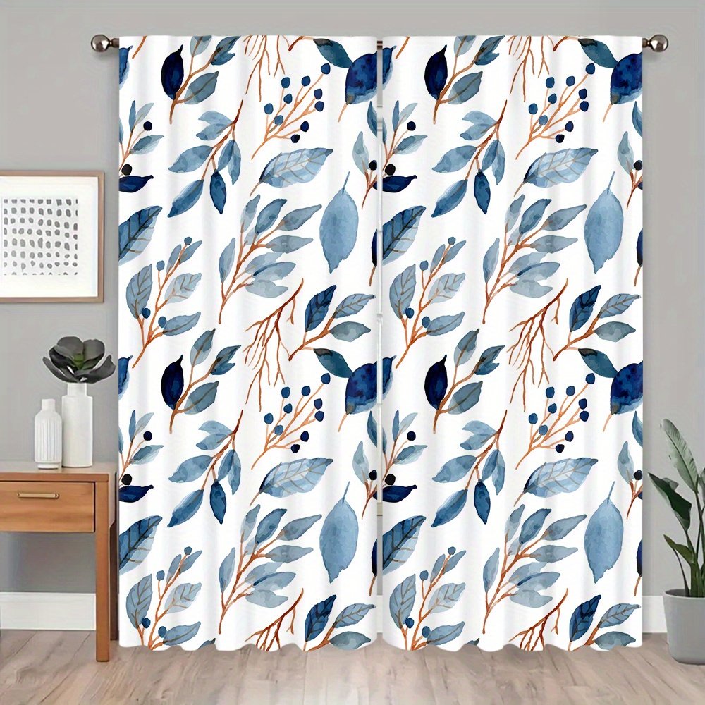 2pcs Blue and White Branch and Leaf Watercolor Pattern Curtains, Natural and Fresh Style, Suitable for Bedrooms, Living Rooms, and Studies. The Branch and Leaf Texture Decorates the Space, Achieving a Blend of Light Blocking and a Natural Ambiance - Image 8