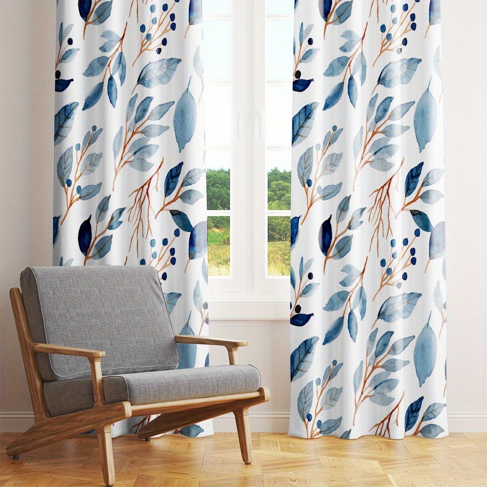 2pcs Blue and White Branch and Leaf Watercolor Pattern Curtains, Natural and Fresh Style, Suitable for Bedrooms, Living Rooms, and Studies. The Branch and Leaf Texture Decorates the Space, Achieving a Blend of Light Blocking and a Natural Ambiance - Image 4