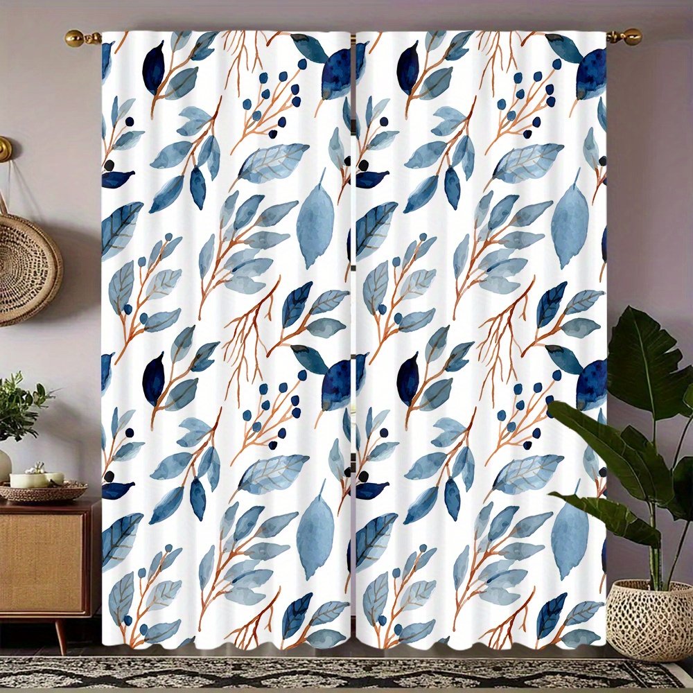 2pcs Blue and White Branch and Leaf Watercolor Pattern Curtains, Natural and Fresh Style, Suitable for Bedrooms, Living Rooms, and Studies. The Branch and Leaf Texture Decorates the Space, Achieving a Blend of Light Blocking and a Natural Ambiance - Image 6
