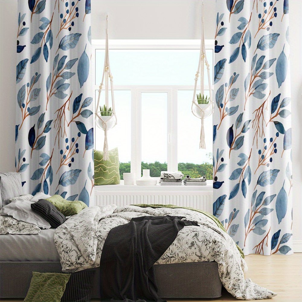 2pcs Blue and White Branch and Leaf Watercolor Pattern Curtains, Natural and Fresh Style, Suitable for Bedrooms, Living Rooms, and Studies. The Branch and Leaf Texture Decorates the Space, Achieving a Blend of Light Blocking and a Natural Ambiance - Image 5