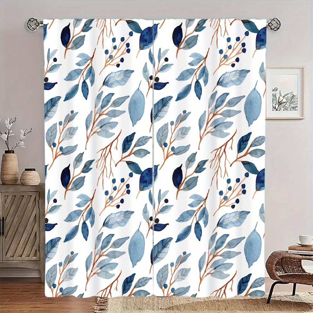 2pcs Blue and White Branch and Leaf Watercolor Pattern Curtains, Natural and Fresh Style, Suitable for Bedrooms, Living Rooms, and Studies. The Branch and Leaf Texture Decorates the Space, Achieving a Blend of Light Blocking and a Natural Ambiance - Image 10