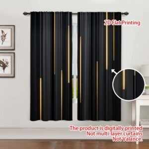 2D Flat - 2pcs Elegant Black and Golden Vertical Stripe Curtains | Polyester, Semi-Sheer, Machine Washable, Rod Pocket Style, Contemporary Design for Living Room, Bedroom & Study Decor